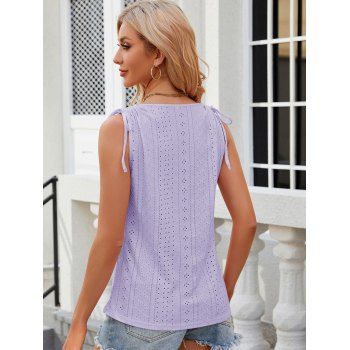 Broderie Anglaise Mock Button Tie Shoulder Vest Round Neck Sleeveless Tank Top