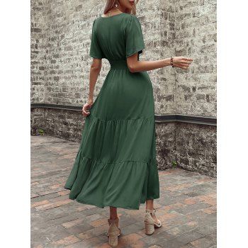 Smocked Waist Dress Plain Color Half Button V Neck Casual Midi Dress