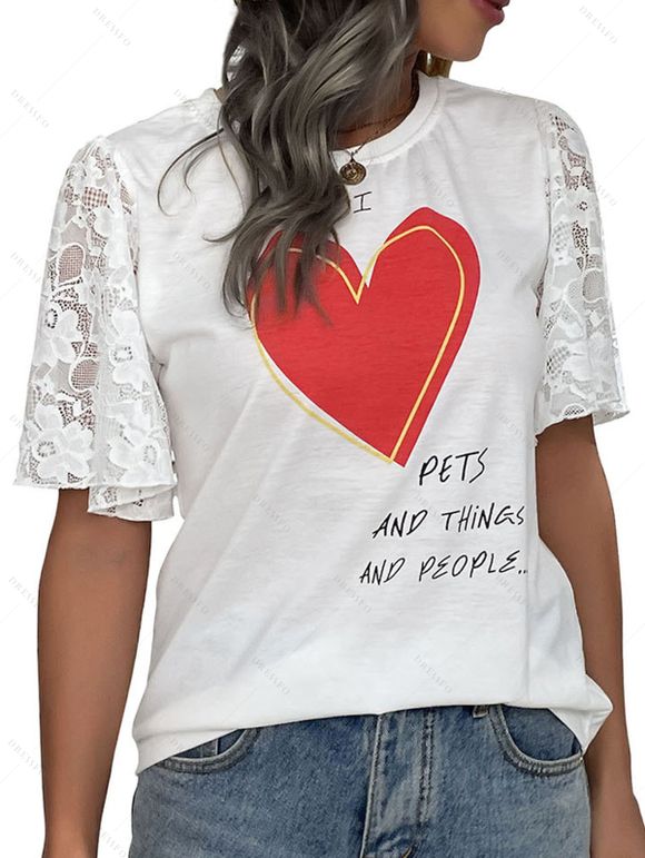 T-shirt D'été en Dentelle Imprimé Lettre et Coeur à Manches Évasées - Blanc L | US 8-10