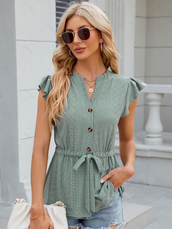 T-shirt Brodé Ceinturé avec Bouton en Avant à Mancherons à Col V - Vert clair S | US 4