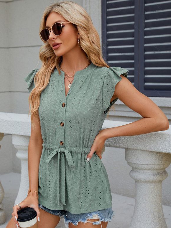 T-shirt Brodé Ceinturé avec Bouton en Avant à Mancherons à Col V - Vert clair S | US 4