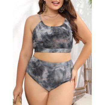 

Plus Size Tie Dye Print Ribbed Swimsuit Beach Vacation Two Piece Swimwear, Black