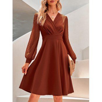 

Swiss Dot Surplice Dress Sheer Sleeve A Line Midi Dress, Dark orange