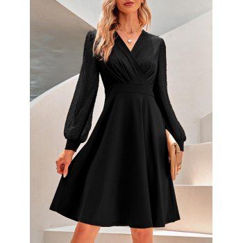 

Swiss Dot Surplice Dress Sheer Sleeve A Line Midi Dress, Black