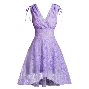 

Flower Lace Asymmetric Dress Cinched Surplice Plunging Neck High Waist Dress, Light purple