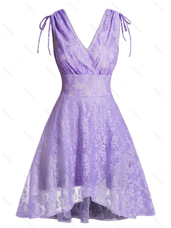 Robe Plissée Asymétrique Fleur en Dentelle à Taille Haute à Col Plongeant - Violet clair XL