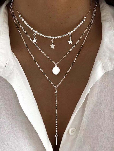 Vintage Simple Star Circle Bar Shaped Multi-layer Clavicle Chain Necklace
