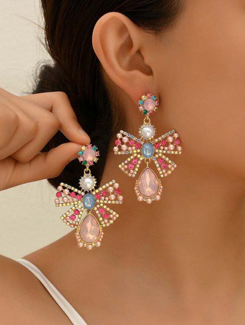 Pink Bowknot Rhinestone Leaf Plug Holiday New Dazzling Decoration Creative Earrings