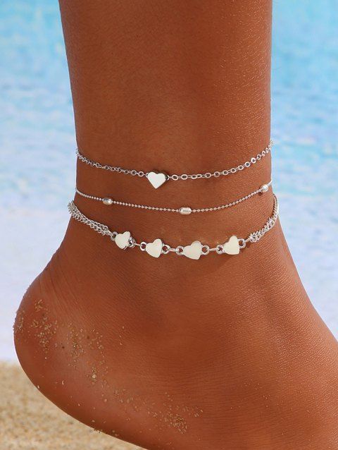 3Pcs Summer Beach Style Valentine's Day Heart Chian Anklet