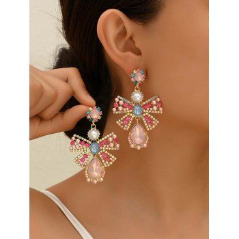

Pink Bowknot Rhinestone Leaf Plug Holiday New Dazzling Decoration Creative Earrings, Golden