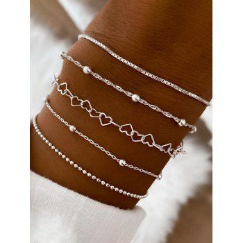 

5Pcs Alloy Beaded Love Heart Box Chain Handmade Copper Chain Bracelet Set, Silver