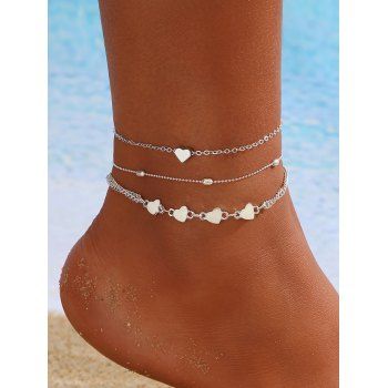 

3Pcs Summer Beach Style Valentine's Day Heart Chian Anklet, Silver