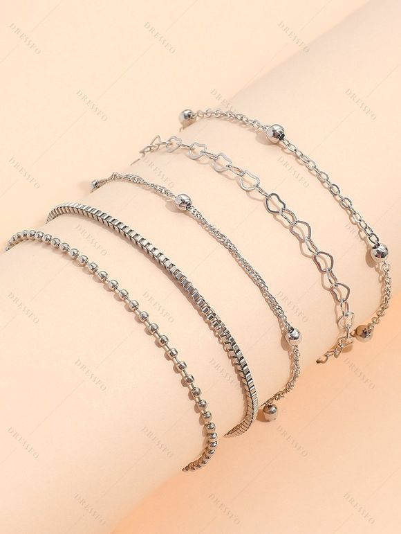 Ensemble de Bracelet Chaîne Cœur Perlé en Alliage 5 Pièces - Argent 
