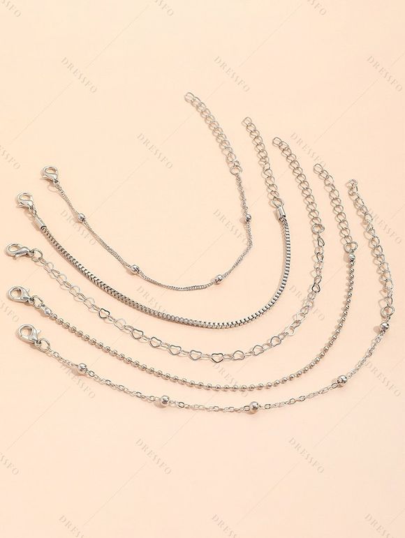 Ensemble de Bracelet Chaîne Cœur Perlé en Alliage 5 Pièces - Argent 