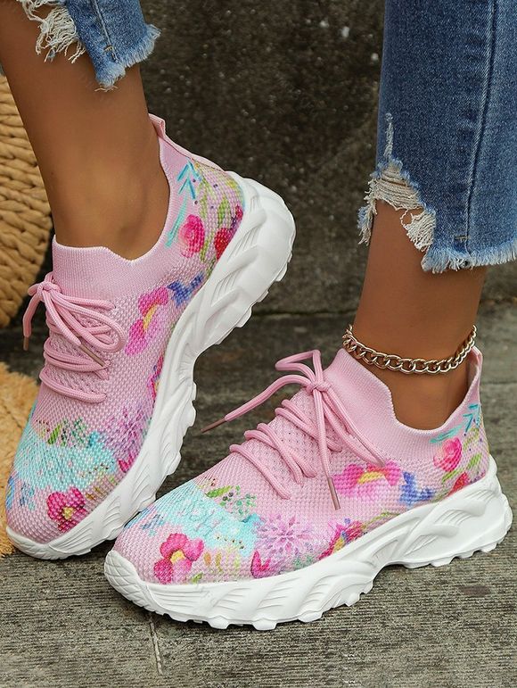 Colorful Floral Letter Print Breathable Lace Up Knit Casual Sneakers - Rose clair EU 38