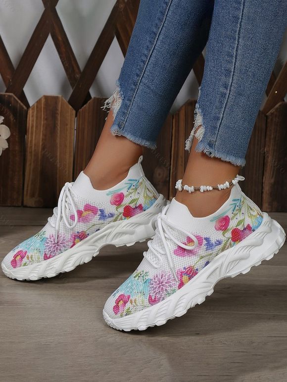 Colorful Floral Letter Print Breathable Lace Up Knit Casual Sneakers - Blanc EU 36