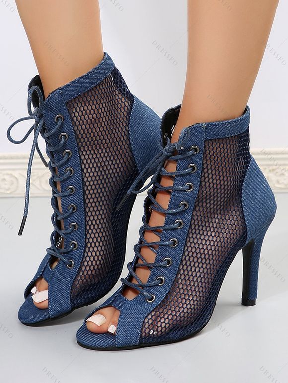Mesh Stiletto Peep Toe Lace Up High Heels Hollow Out Denim Sandals - Bleu EU 37
