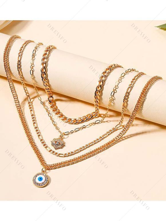 Collier Chaîne Superposé Œil de Démon 4 Pièces avec Strass - d'or 