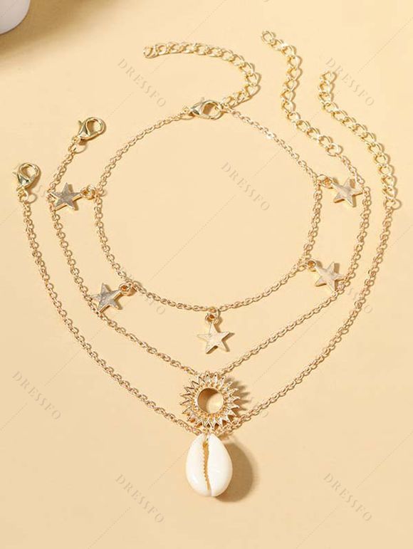 Ensemble de Chaîne de Cheville de Plage Etoile Lune Coquille 3 Pièces - d'or 