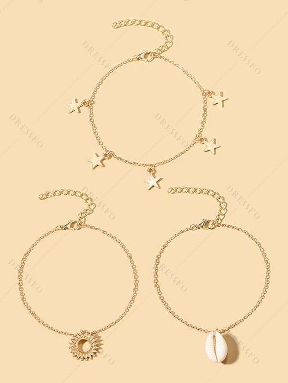 Ensemble de Chaîne de Cheville de Plage Etoile Lune Coquille 3 Pièces - d'or 