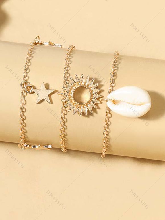 Ensemble de Chaîne de Cheville de Plage Etoile Lune Coquille 3 Pièces - d'or 