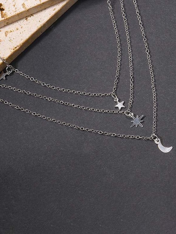 Collier Lune Etoile Pendant Superposé Elégant 3 Couches - Argent 