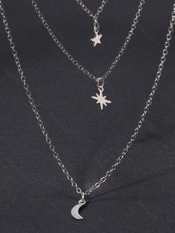 Collier Lune Etoile Pendant Superposé Elégant 3 Couches - Argent 