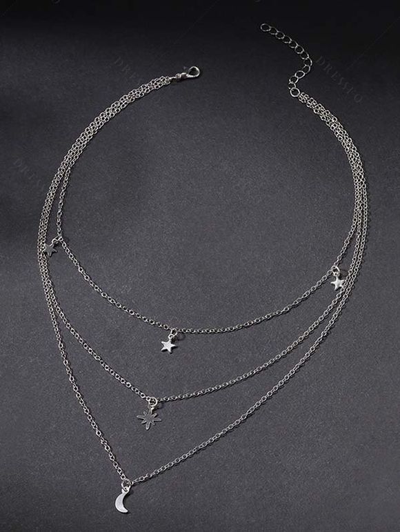 Collier Lune Etoile Pendant Superposé Elégant 3 Couches - Argent 