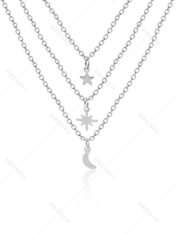 Collier Lune Etoile Pendant Superposé Elégant 3 Couches - Argent 