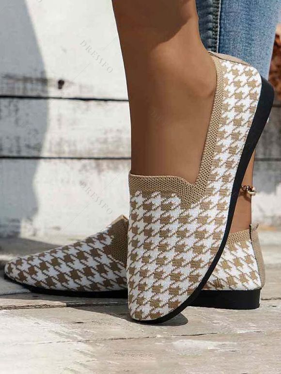 Women Houndstooth Pattern Flat Casual Knitted Soft Sole Slip On Shoes - Kaki Léger EU 36