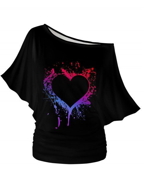 T-shirt Ample Imprimé Coeur à Manches Chauves-Souris à Une Épaule Nue Saint-Valentin