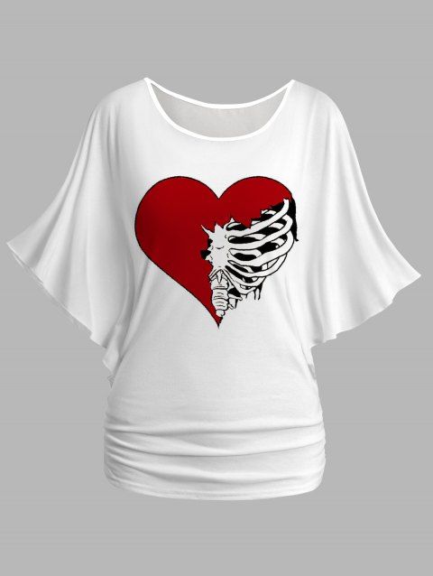 Heart Skeleton Print Batwing Sleeve Cinched Hem Summer T Shirt