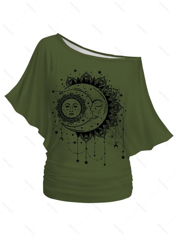 T-shirt Branché Motif de Soleil et de Lune à Epaule Dénudée à Manches Chauve-souris - Vert profond XXL | US 12