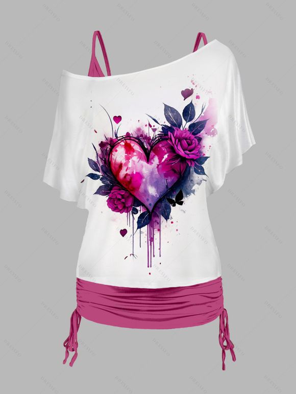 Ensemble de T-shirt Cœur Fleuri Imprimé à Epaule Dénudée et de Camisole Deux Pièces à Bretelle Fine - Rose clair XXL | US 12
