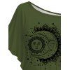 T-shirt Branché Motif de Soleil et de Lune à Epaule Dénudée à Manches Chauve-souris - Vert profond S | US 4