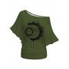 T-shirt Branché Motif de Soleil et de Lune à Epaule Dénudée à Manches Chauve-souris - Vert profond XXL | US 12
