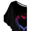 T-shirt Ample Imprimé Coeur à Manches Chauves-Souris à Une Épaule Nue Saint-Valentin - Noir XXL | US 12