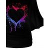 T-shirt Ample Imprimé Coeur à Manches Chauves-Souris à Une Épaule Nue Saint-Valentin - Noir XXL | US 12