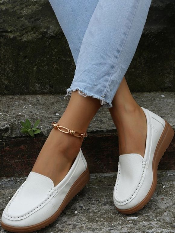 Women's Comfy Solid Ethnic Casual Round Toe Soft Sole Slip On Low Top Flat Shoes - Blanc EU 40