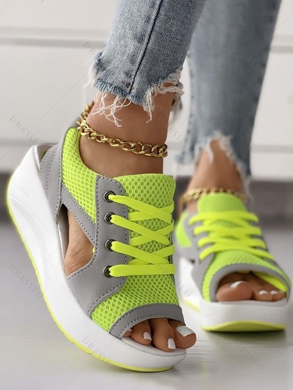 Contrast Open Toe Lace-up Sports Thick Sole Muffin Sandals - Vert EU 43