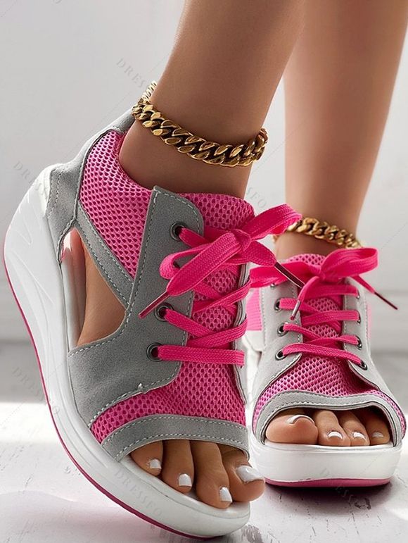 Contrast Open Toe Lace-up Sports Thick Sole Muffin Sandals - Rose clair EU 36