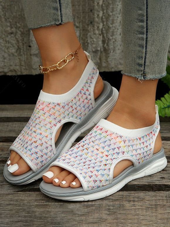 Women's Knitted Casual Outdoor Sporty Sandals Peep Toe Cut-out Elastic Slip On Shoes - multicolor A EU 40