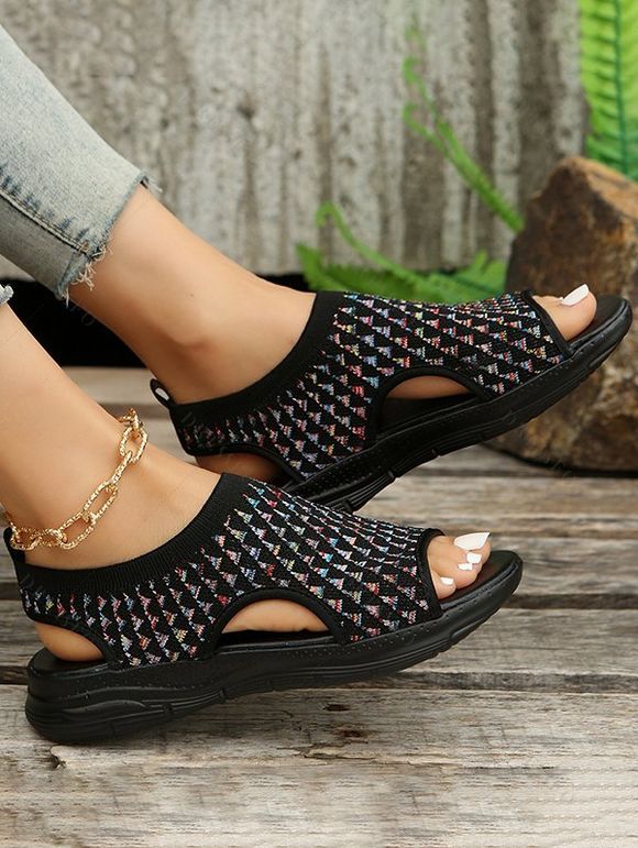 Women's Knitted Casual Outdoor Sporty Sandals Peep Toe Cut-out Elastic Slip On Shoes - Noir EU 41