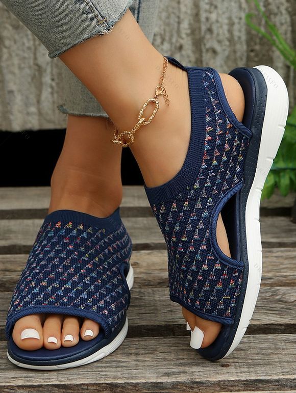 Women's Knitted Casual Outdoor Sporty Sandals Peep Toe Cut-out Elastic Slip On Shoes - Bleu profond EU 37