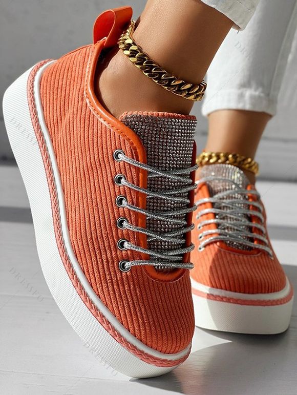 Casual Ladies Loafers Comfort Flats Shoes Round Toe Rhinestone Corduroy Lace-Up Sport Shoes - Orange Foncé EU 37