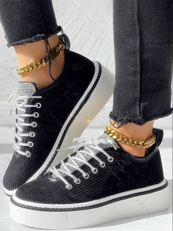 Casual Ladies Loafers Comfort Flats Shoes Round Toe Rhinestone Corduroy Lace-Up Sport Shoes - Noir EU 41