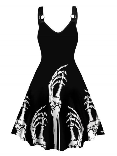 Skeleton Hands Print Straps Sleeveless Tank Dress O Ring A Line Dress