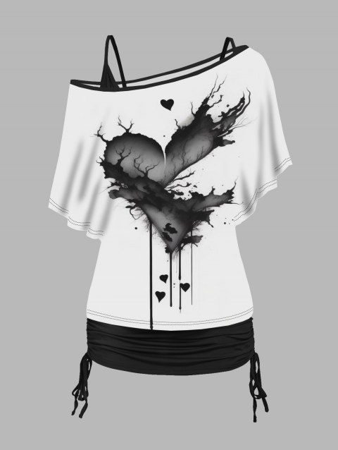 Broken Heart Print Oblique Shoulder T-shirt And Cinched V Neck Camisole Two Piece Set