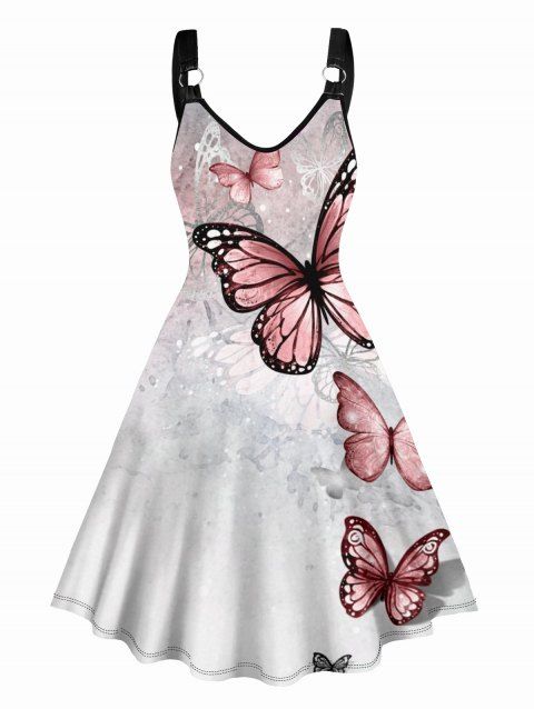 Allover Butterfly Print A Line O-ring Strap Sleeveless High Waist Dress