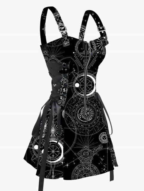 Lace Up Half Zipper Mini Dress Allover Geo Print Buckle Strap Tank Dress